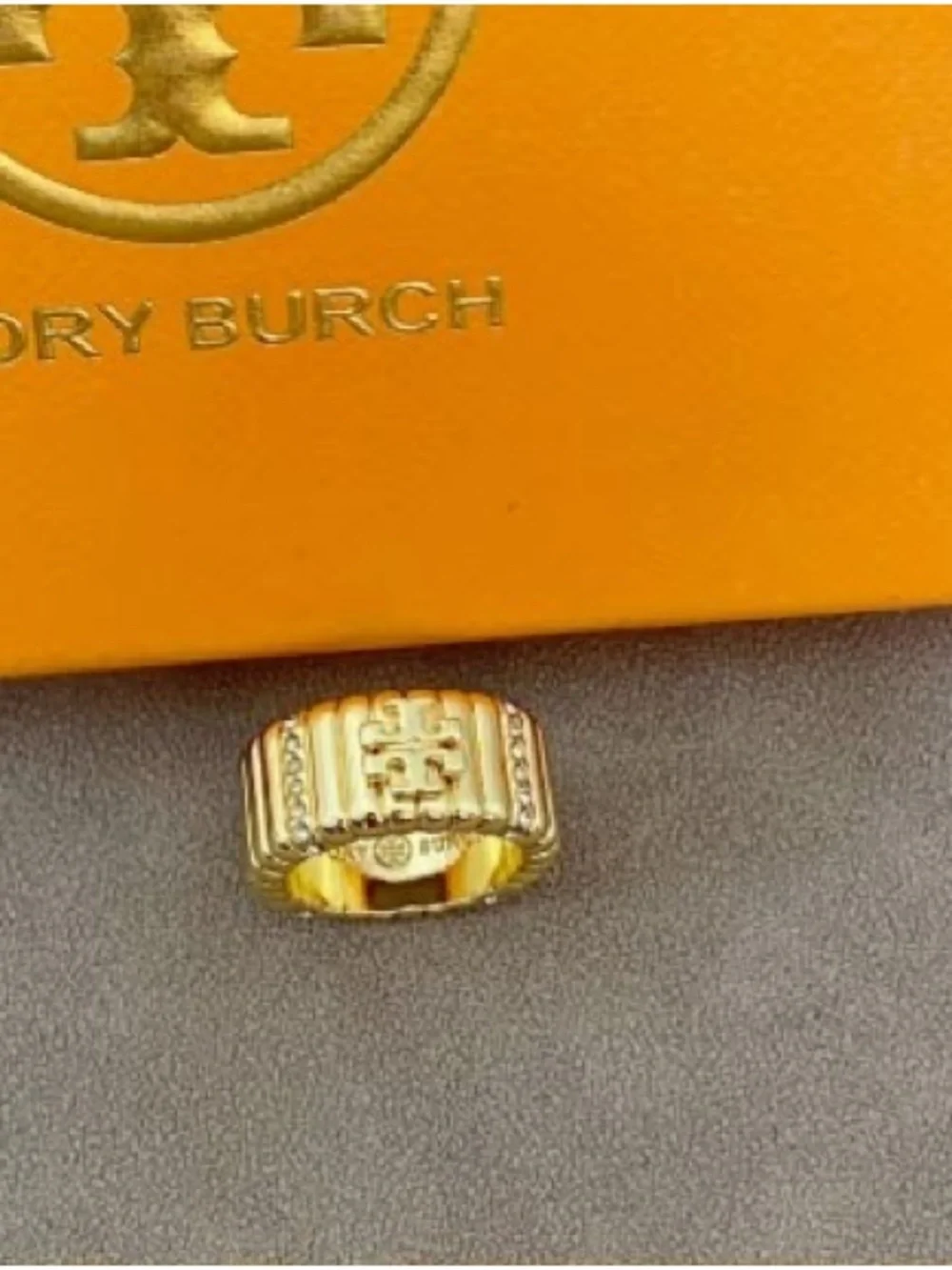Tory Burch Gold Ribbed Logo Statement Ring SIZE8